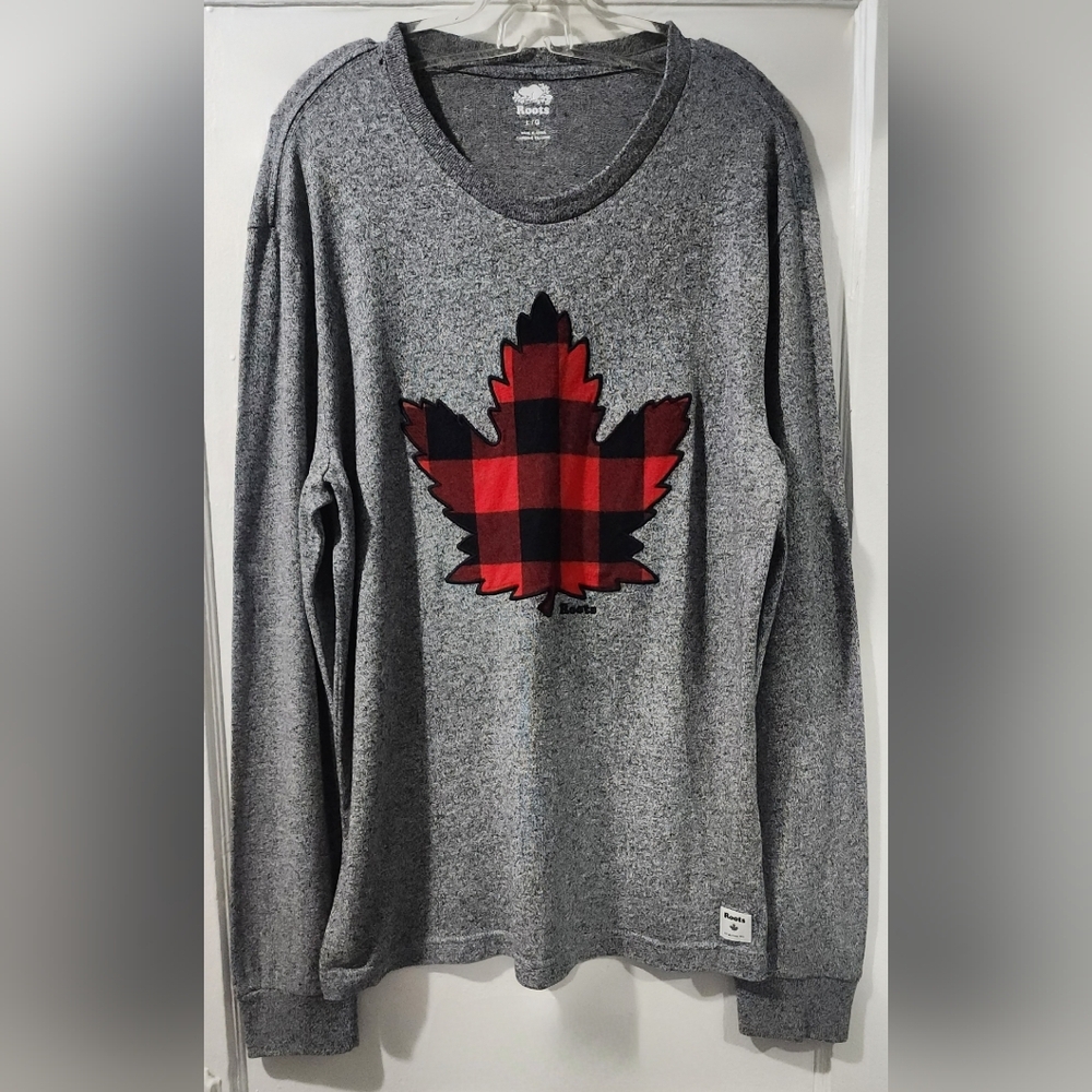 Roots Gender Free Grey Long Sleeve Plaid Shirt with Maple Leaf size:L